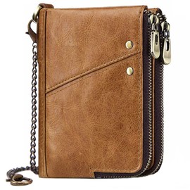 HollyRobin Men's Bi-fold Wallet, Genuine Leather, Large Capacity, Holds 15 Cards, Coin Purse, Card Case, Compact with Chain, Braun