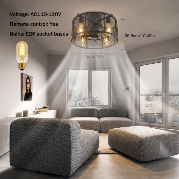 Farmhouse Caged Ceiling Fan Light 3-speed Metal Pendant Lamp w/
