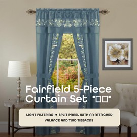 Light-Filtering Window Curtain Set - 55 Inch Width, 63 Inch Length - Fairfield Window in a Bag 5 Piece Set (Ice Blue) - Window Treatment Include Valance, Tiebacks & Split Panels by Achim Home Decor