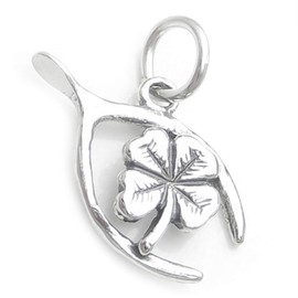 Lucky Wishbone Furcula Bone with 4-Leaf Clover 3D 925 Solid Sterling Silver Charm Pendant Bracelet Jewelry Making Supply
