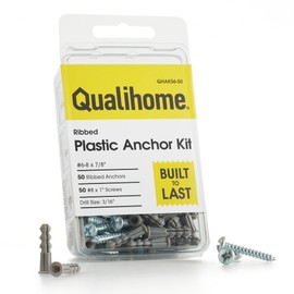 Qualihome Ribbed Plastic Drywall Anchor Kit, Wall Anchors and Screws for Drywall Includes Anchors, & Screws, 1 Masonry Drill Bit, Mounting Tolls for Decor, Shelving ([50 Pack] 6-8 x 7/8")