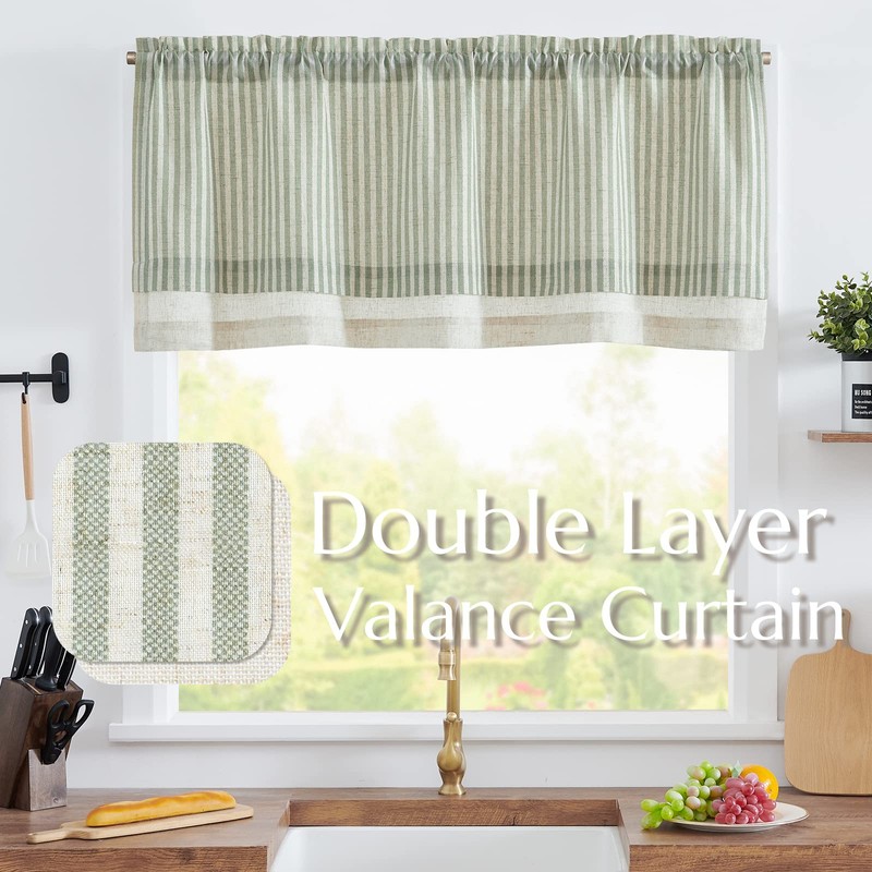 jinchan Linen Valance Curtain Striped Small Window Curtain Double Layer