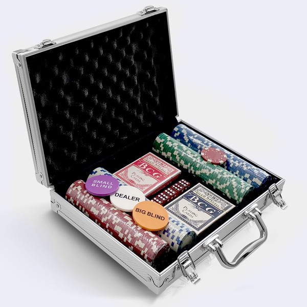 SereneLifeHome Poker Chip Set for Texas Holdem, Blackjack Gambling- 11.5 Gram Casino Chips Set w/Aluminum Case, Playing Cards, Button, Dice- 200 PCS
