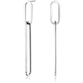 Fiklon Silver Long Dangle Earrings For Women Trendy Link Drop Geometric Earring Dangly Dangling Earings Womens Wedding Guest Earrings Jewelry (Silver)