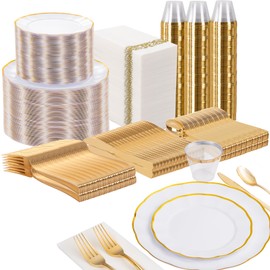 LIYH 700 Pcs Gold Plastic Dinnerware Set for 100 Guests - Plastic Wavy Plates for Party Includes Disposable Plates, Cups, Napkins and Disposable Gold Sliverware for Wedding Birthday