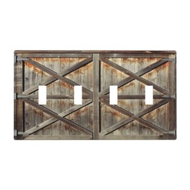 Rustic Shabby Worn Brown Wooden Barn Doors Quad Toggle Light Switch Cover Decorative 4 Gang Wall Plate Electrical Faceplate Switchplate for Farmhouse Bathroom Home Living Room Kitchen Decor
