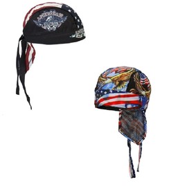 Lot or Set of 2 USA American Flag with Eagle and America Ride Stars and Stripes Patriotic Head Wrap Durag Skull Cap Biker Doo Rag Multi Color