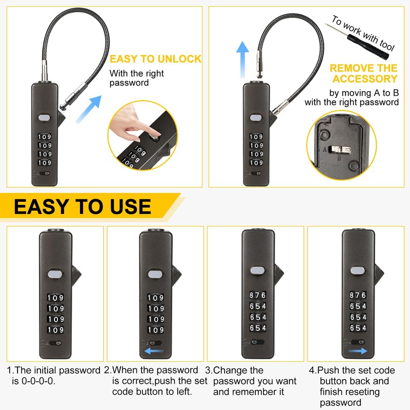 DELSWIN Cable Locks with Combination, 4-Digit Combination Lock with 3