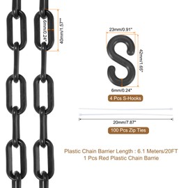 sourcing map Plastic Chain 20 FT/6.1 M, Safety Chain Black Plastic Chain Link Barrier with Zip Ties and S-Hooks for Crowd Control Queue Line Fence Decoration