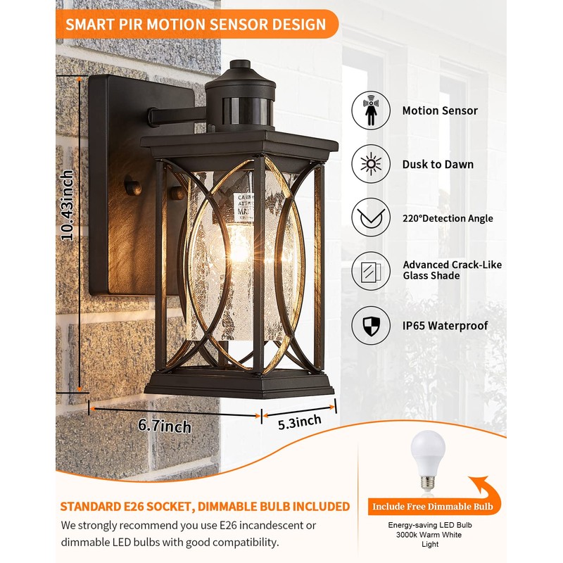 Delicavy Motion Sensor Outdoor Wall Light with Dimmable Bulb, Modern