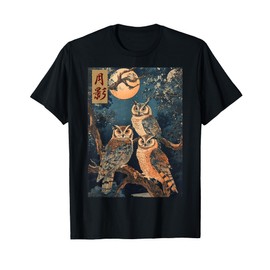 Night Owls Forest Trees Japanese Woodblock Painting Wildlife T-Shirt