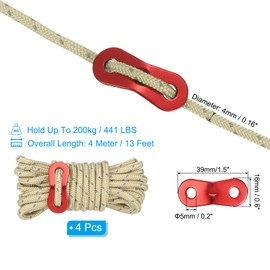 PATIKIL 5mm Tent Rope, 4 Pack 13ft Reflective Guyline Cord Tied Downs Rope Paracord Cord Camping Ropes with Red Aluminum Cord Adjusters for Camping Hiking Tent, Khaki