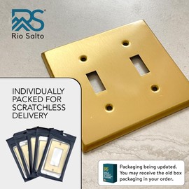 Rio Salto BRASS Signature Collection MIDSIZE Metal Gold Double Toggle Light Switch Covers Wall Plate Toggle Light Switch Wallplate Mid Size Decorative Gold 2 Gang Brushed Brass Toggles 2-Pack
