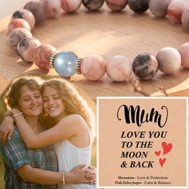 POWWA Birthday Gifts for Mum of Mum Love You to the Moon and Back Mum Bracelet with Moonstone & Pink Zebra Jasper Gifts for Mum On Her Birthday Best Mum Mummy Mother Christmas Gifts Ideas