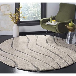 Safavieh Florida Shag Collection SG472 Abstract Wave 1.2-inch Thick Area Rug, 6'7" x 6'7" Round, Cream / Grey