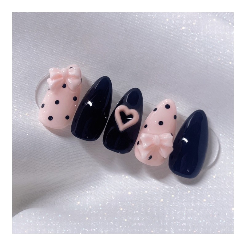 [Handmade Nail Tips] Ribbon Dotted Nail Tips - Stiletto /