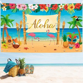 Hawaiian Aloha Party Decoration, Extra Large Summer Luau Beach Party Banner Backdrop Background Photography for Birthday Musical Party Baby Shower Tropical Tiki Themed Decoration, 72.8 x 43.3 Inch