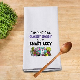 G2TUP Funny Camping Kitchen Towel, Camping Girl Classy Sassy and A Little Bit Smart Assy Flour Sack Dish Towel, Camping Lover Tea Towel, RV Trailer Gift (Camping Girl Classy Sassy)