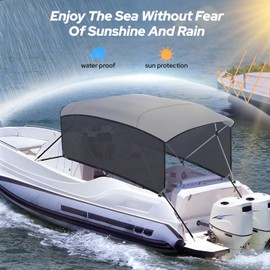 KAKIT 3 4 Bow Bimini Top Replacement Cover, 900D Oxford Bimini Tops for Boats with 2 Mesh Sidewalls, 2 Straps and Storage Boot Easy Install Zipper Closure, Replacement Boat Canopy Sun Shade No Frame