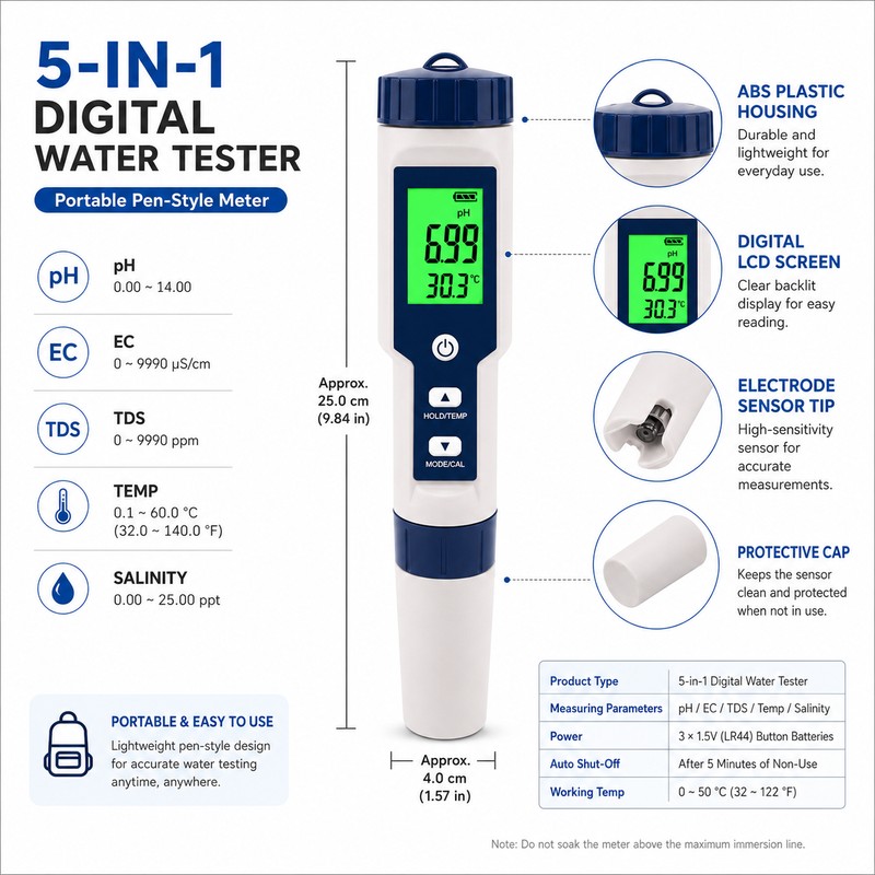5-in-1 Digital Water Tester for Pools & Aquariums – pH,