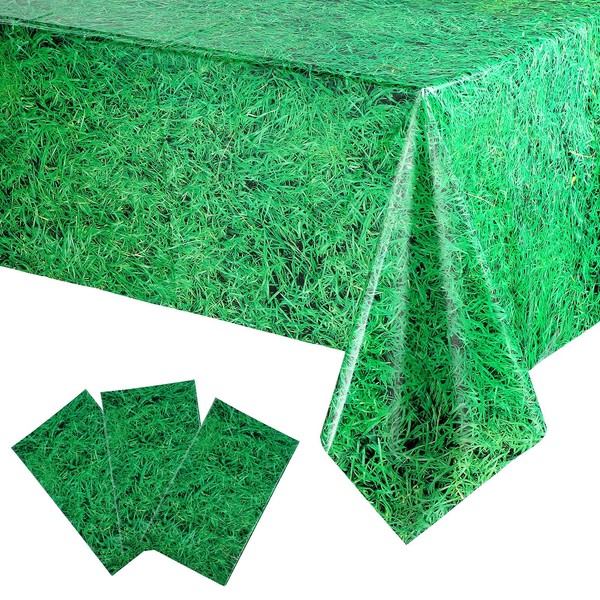 3 Pieces Disposable Plastic Grass Tablecover, Vibrant Green Grass Sign Tablecover for Soccer or Sports Theme Parties Decorations and Supplies, 54 x 108 Inch