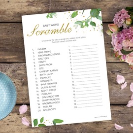 20 x Word Scramble Baby Shower Game - Botanicals Design (20 Guest Cards + 1 Card of Answers for The Host)