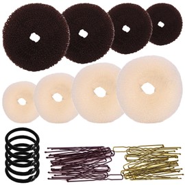 8 Pcs Hair Bun Maker Kit - Donut Bun Makers(4pcs Brown + 4pcs Beige) with 5 Elastic Hair Bands & 40 Bobby Pins,Ballet Bun for Women and Kids with Elastic Hair Ties, Hair Pins(Brown and Gold)