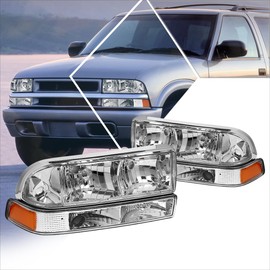 PM PERFORMOTOR [4Pcs-Set] Bumper Lamps+Headlights Assembly Compatible with Chevy S10/Blazer 98-04,Chrome Housing/Amber Corner