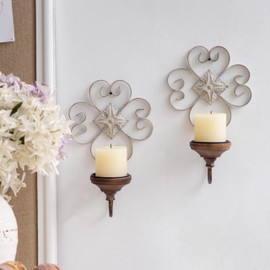 SOFE Antique Wall Candle Sconces Set of Two, Wrought Iron Candle Wall Sconce, Rustic Wall Candle Holder Pillar, Farmhouse Metal Wall Decor for Living Room, Dining Room, Bathroom, Brown