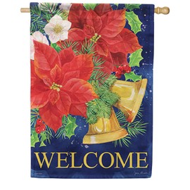 Carson House Flag - Poinsettias Bells, Dura Soft Double Sided House Flag, 28 x 40 Inch Outdoor Yard Decorative Flag