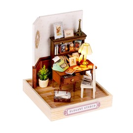 TuKIIE DIY Miniature Dollhouse Kit with Furniture, 1:24 Scale Creative Room Mini Wooden Doll House Plus Dust Proof for Kids Teens Adults(Elegant Studio)
