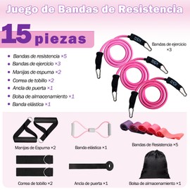 Juego de 18 Piezas de Bandas de Resistencia, incluye 5 Bandas Elásticas, 3 Bandas con Asas, 1 Banda de Resistencia para Calentamiento, Bolsa de Transporte, Correas para Tobillo y Anclaje para Puerta