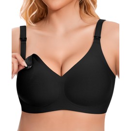 QooNoo Nursing Bra Without Underwire Pregnancy Nursing Bra Women's Bra Large Breasts Bra Sleep Padded (Black, XL)