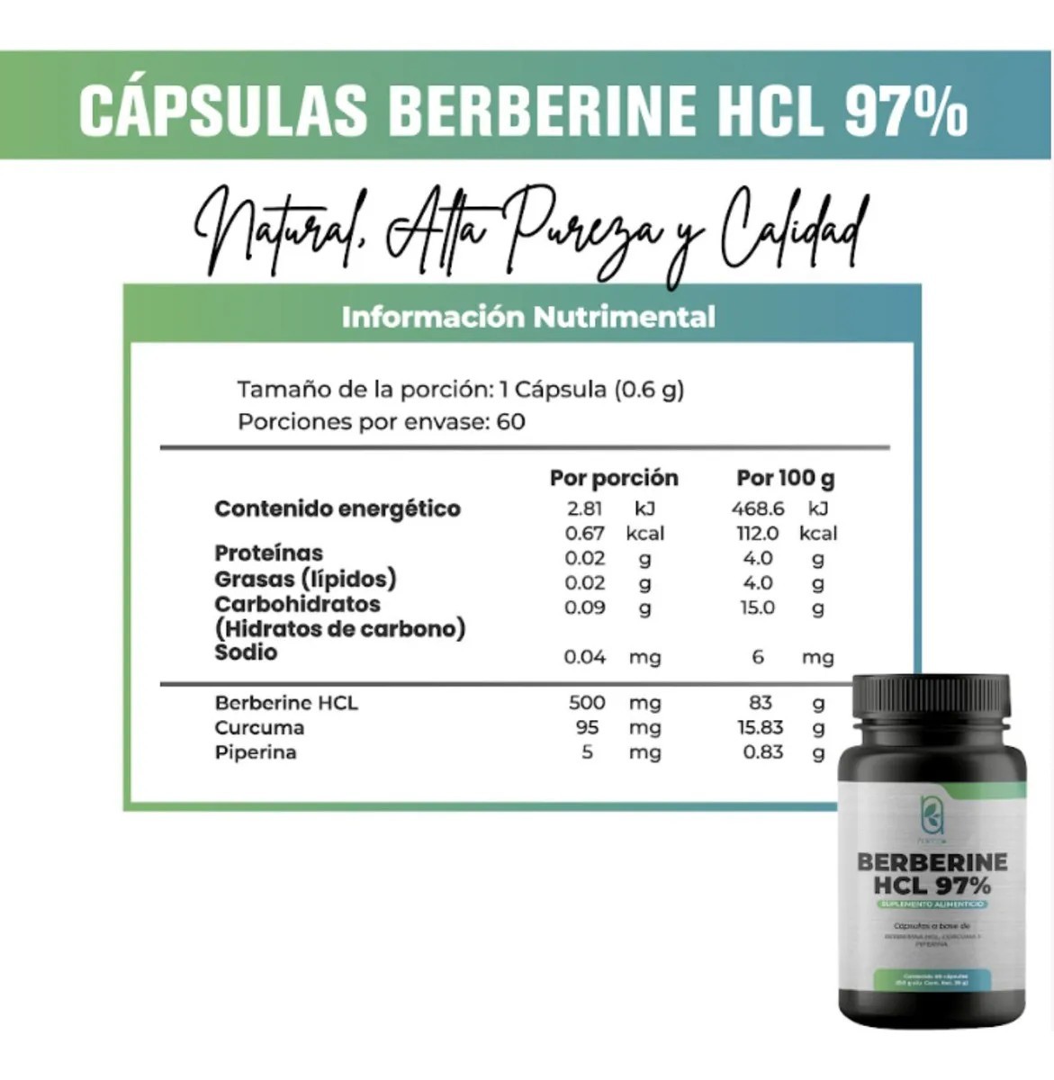 Berberina 600 Mg Hcl 97 Cúrcuma Piperina 60 Caps