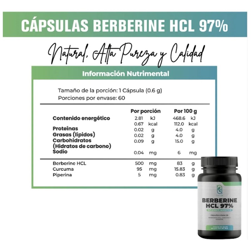 Berberina 600 Mg Hcl 97 Cúrcuma Piperina 60 Caps