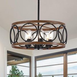 Faibra 6-Light Farmhouse Drum Pendant Light,19.7'' Nature Wood Texture Vintage Rustic Chandeliers Black Metal Industrial Hanging Light Fixtures for Entryway, Bedroom Dining Room