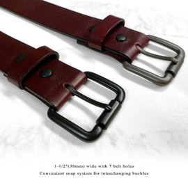 BS055-P3456 Classic Burgundy Casual Jean Belt Genuine Full Grain Leather Belt 1-1/2"(38mm) wide (Black,30)