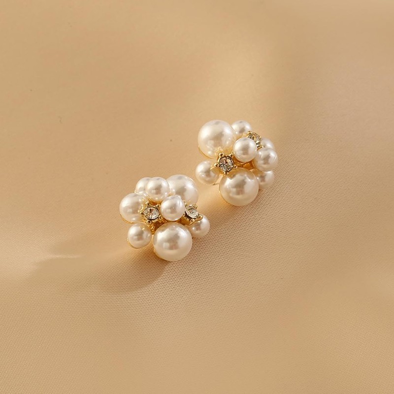 Pearl Stud Earrings for Women,Large Pearl Cluster Earrings,Cute Big Beaded