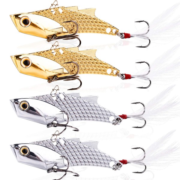 YONGZHI Fishing Lures Metal VIB Hard Spinner Blade Baits with Feathers Treble Hooks for Bass Walleyes Trout Fishing Spoons (Silver and Gold)