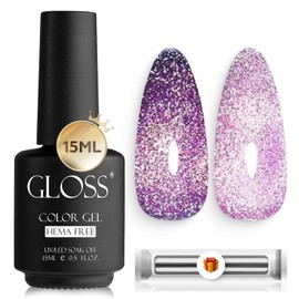 GLOSS Cat Eye Gel Nail Polish | Pink 15ml Hema-Free Soak Off UV Gel, Purple Magnetic Nail Polish,Holographic Glitter gel Varnish Art Manicure, Salon DIY Home, Gifts for Girls
