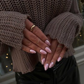 Light Pink Chrome Press on Nails Medium Almond, KQueenest Iridescent Stiletto Fake Acrylic Nails With Mirror Effect, Pearlescent Glue on Nails False Nails Press ons for Daily Wear