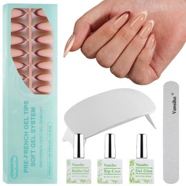 Vansiho French Gel Nails Kit - Medium Almond French Tip Press on Nails Kit, Nail Gel and Nail Lamp for Gift and Nail Art DIY