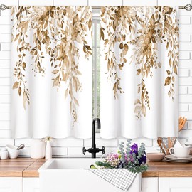 Oolygoo Eucalyptus Botanical Leaves Floral Kitchen Window Curtains over Sink Farmhouse Flower Leaf Small Window Treatment Tan Floral Cafe Short Curtains for Bathroom Treatment Tier Drapes 27.5x39 inch
