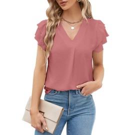 Blooming Jelly Womens Dressy Casual Shirts Short Sleeve V Neck Work Blouse Business Casual Summer Tops 2025(Large, Bean Paste Red)