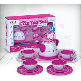 Kids House Juego De Té para Niñas Tin Tea Set, Ideal para Cocinita de Juguete, Incluye15 Piezas, con 4 Tazas y 1 Tetera, Juguete para Niñas con Diseño de Fresas y Flores