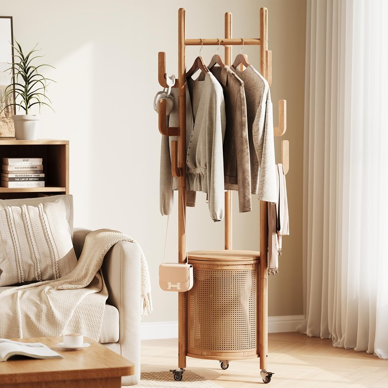 Solid Wood Coat Rack - Rolling Clothes Rack with Rattan