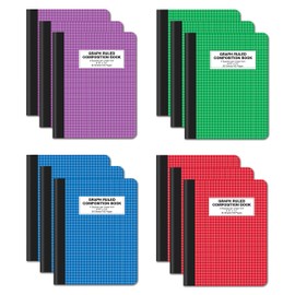Quad Ruled Composition Book Notebook, 12 Pack, Hardcover 4x4 Graph Ruled Paper, 80 Sheets, 9.75" x 7.5", by Better Office Products, Assorted Color Covers, 12 Pack