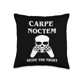 Happy Evil Carpe Noctem Darkness Designs Carpe Noctem Video Gamer Seize The Night Retro Skull Throw Pillow, 16x16, Multicolor