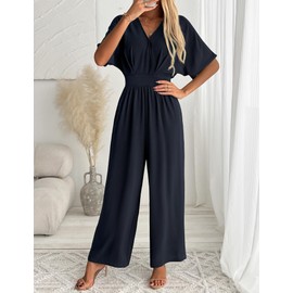 LOOKBOOK Womens Jumpsuit V Neck Batwing Sleeve Belted High Waist Wide Leg Romper with Pockets Casual One Piece Outfits Navy L