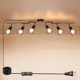 HiBay Plug in Track Lighting, 6-Light Rotatable Ceiling Light Fixture Black, Industrial Plug-in Track Lights with 16.4Ft Power Cord and in-Line On/Off Rocker Switch for Kitchen Living Room Office